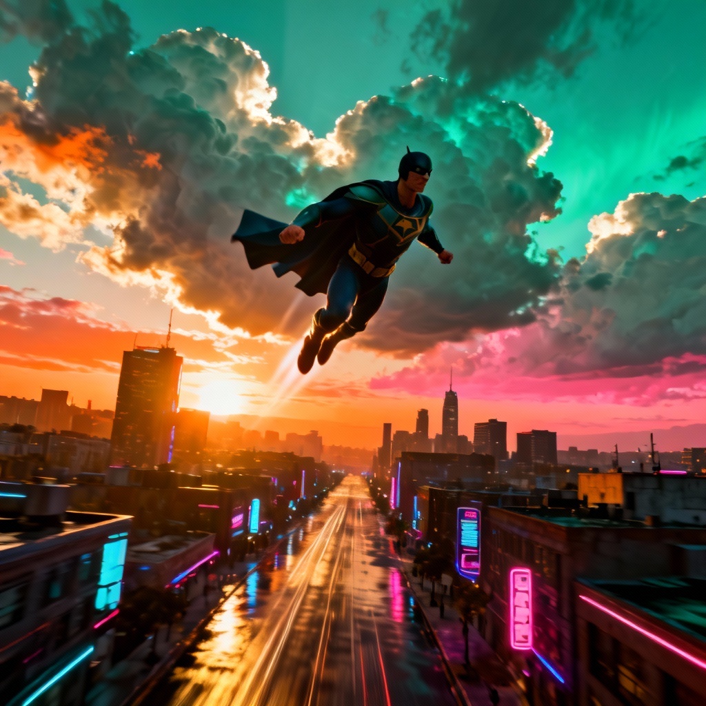 AI flying generator superhero soaring over neon city at sunset