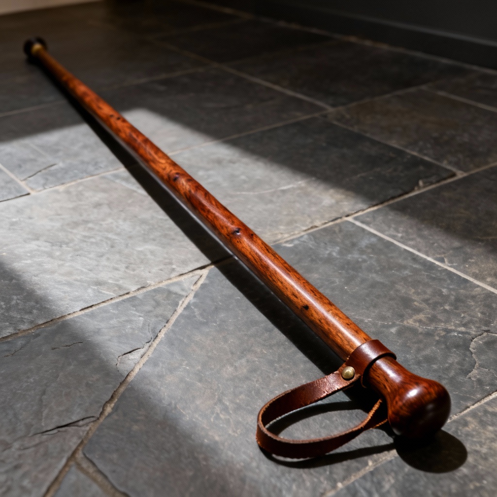 AI polished oak walking stick with leather strap on stone floor