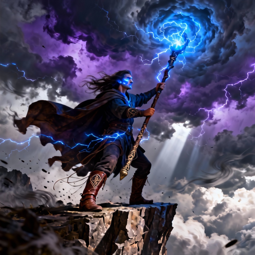 AI art of a lightning mage summoning a storm