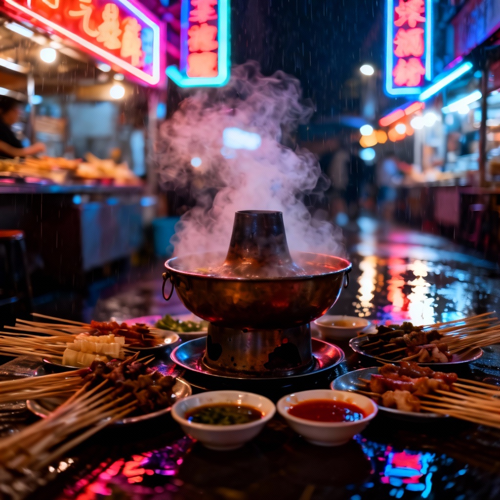 Neon night market hotpot with steam and skewers