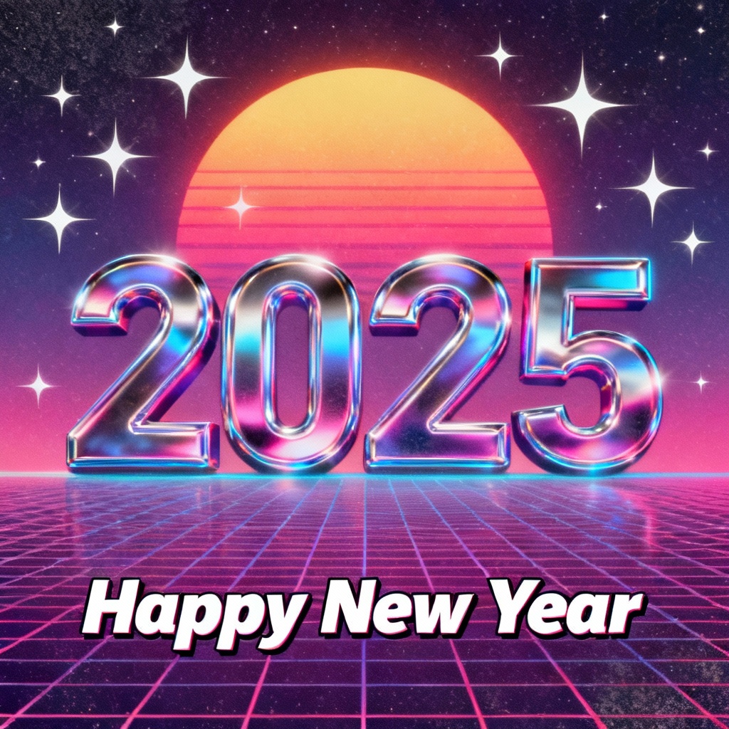 Retro vaporwave Happy New Year greeting poster