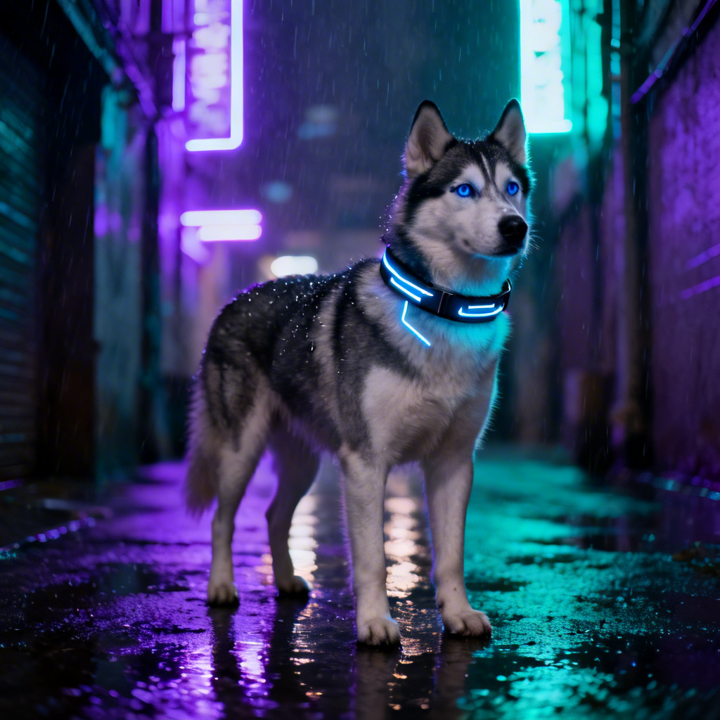 AI cyberpunk Husky with neon city backdrop
