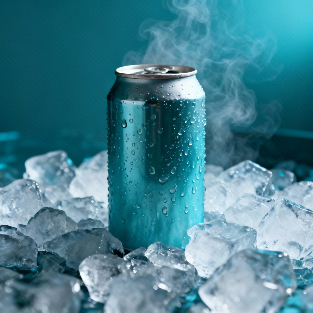 AI sparkling water can on ice with condensation