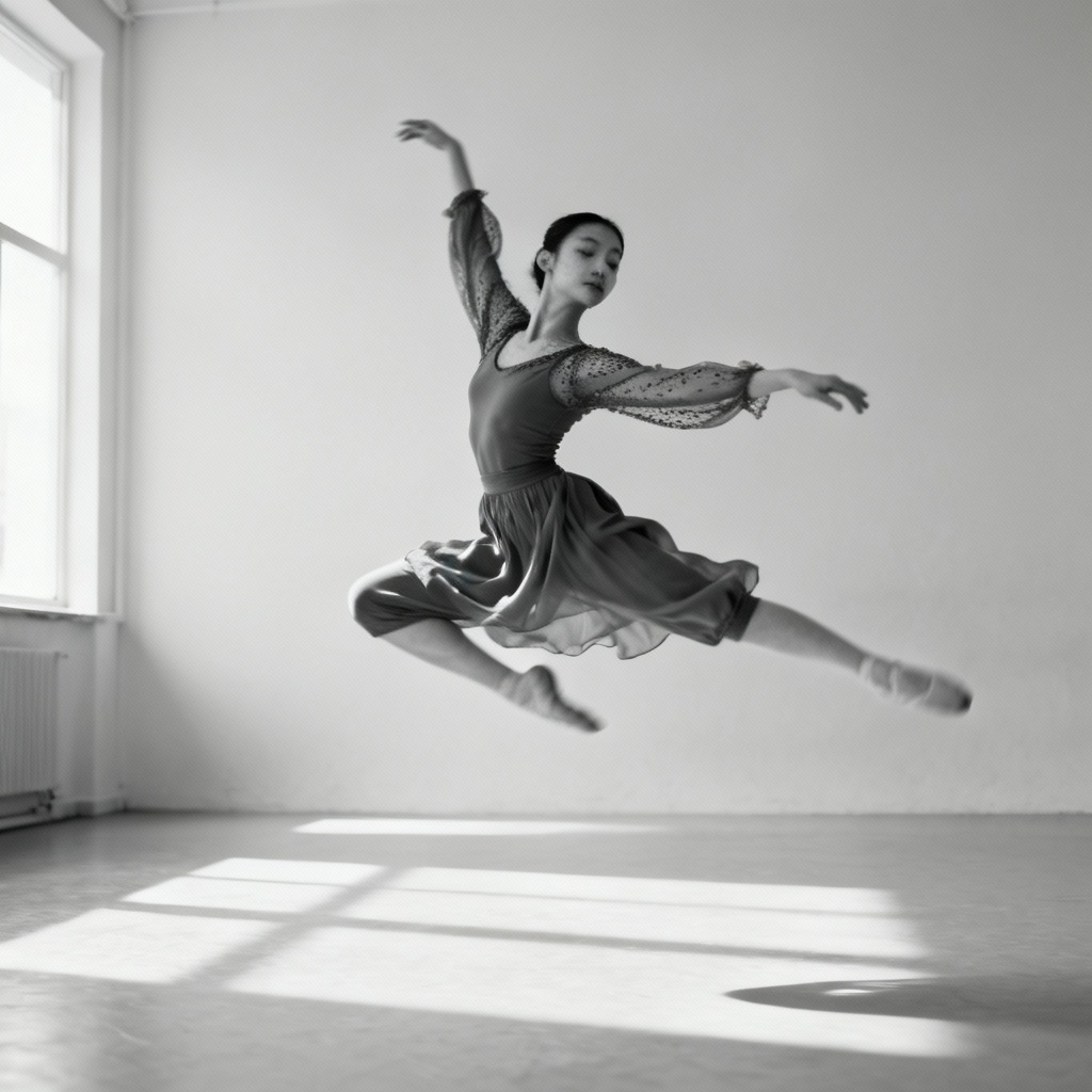 AI contemporary dancing girl leaping in studio