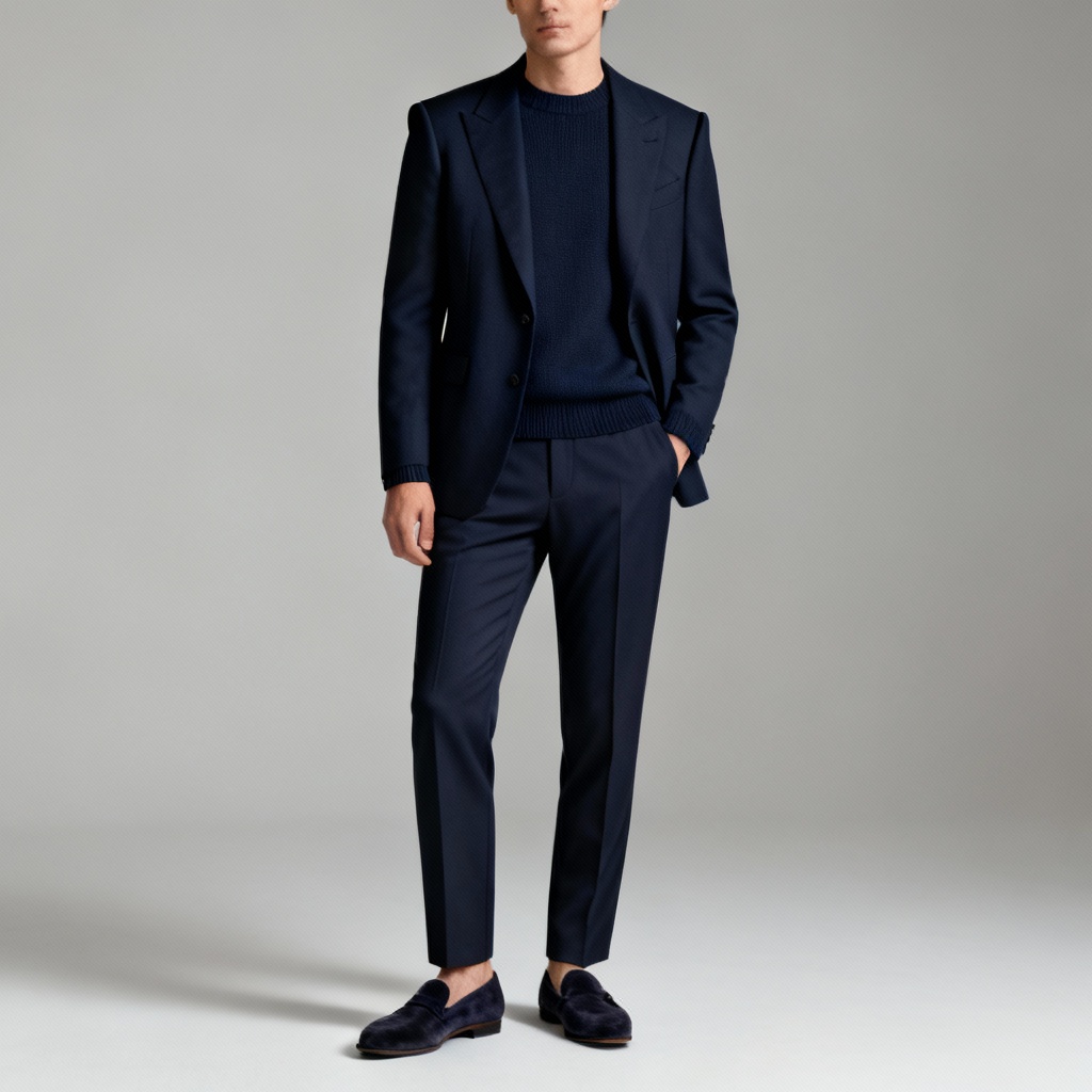 AI minimalist monochrome office outfit in navy