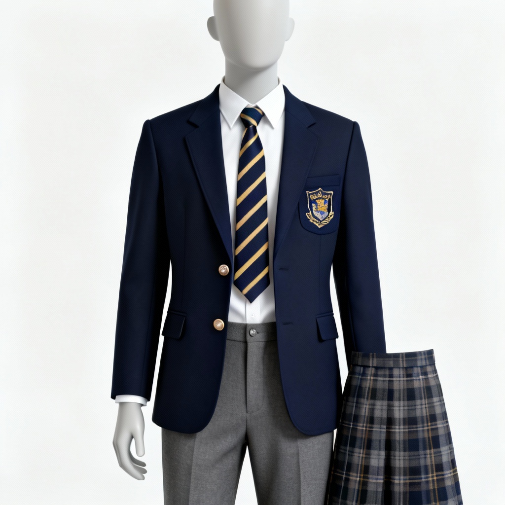 AI school uniform design mockup of navy blazer with embroidered crest