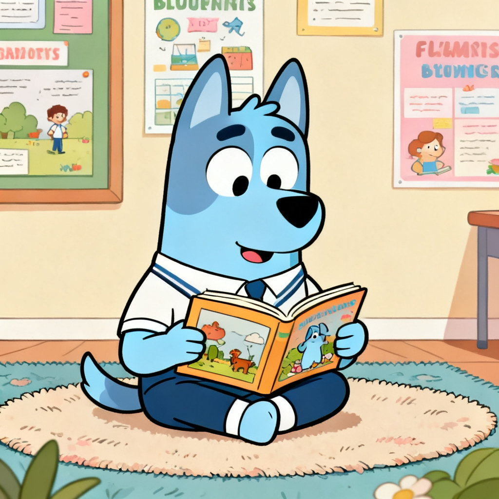 Bluey style school reader dog character