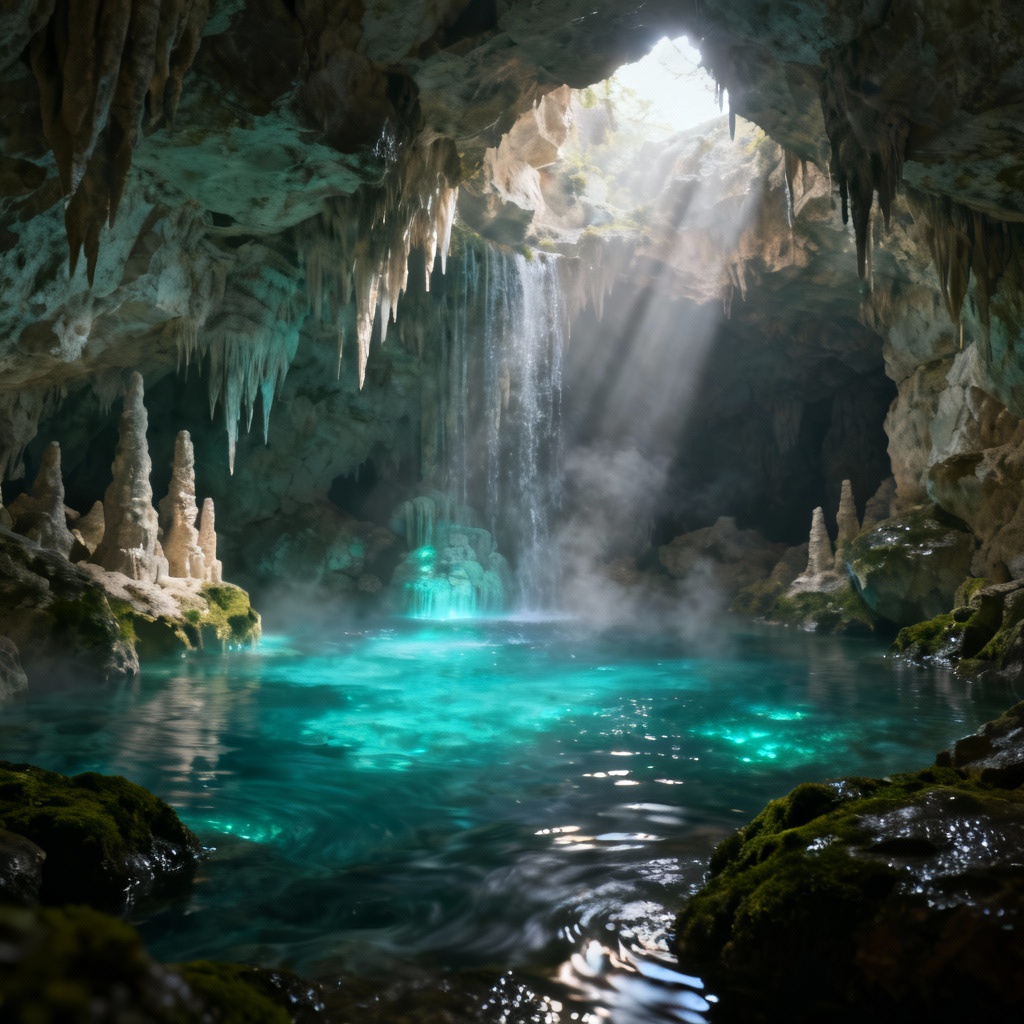 Photorealistic limestone grotto with turquoise pool and god rays