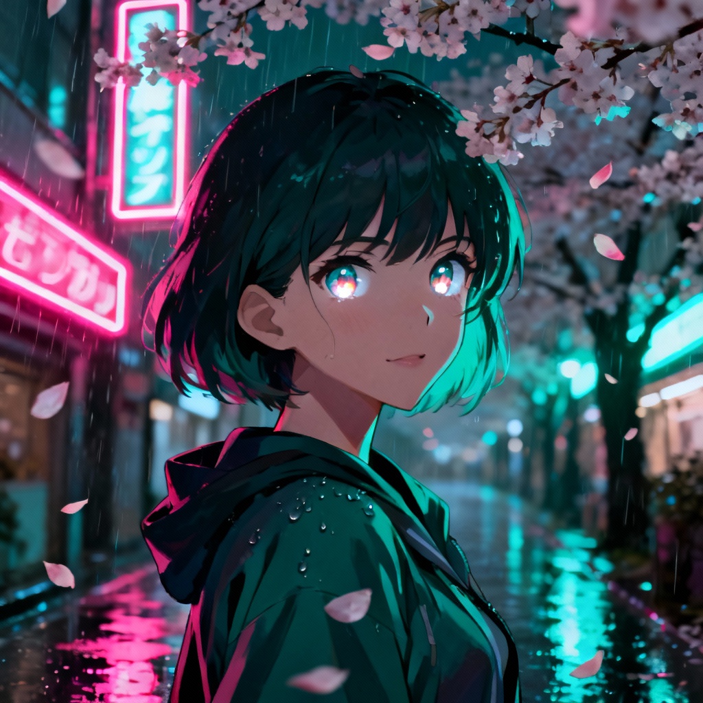 AI anime girl portrait on neon sakura street at night