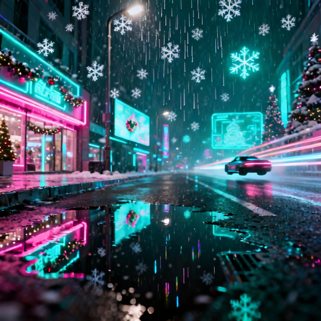 AI cyberpunk Christmas street at night