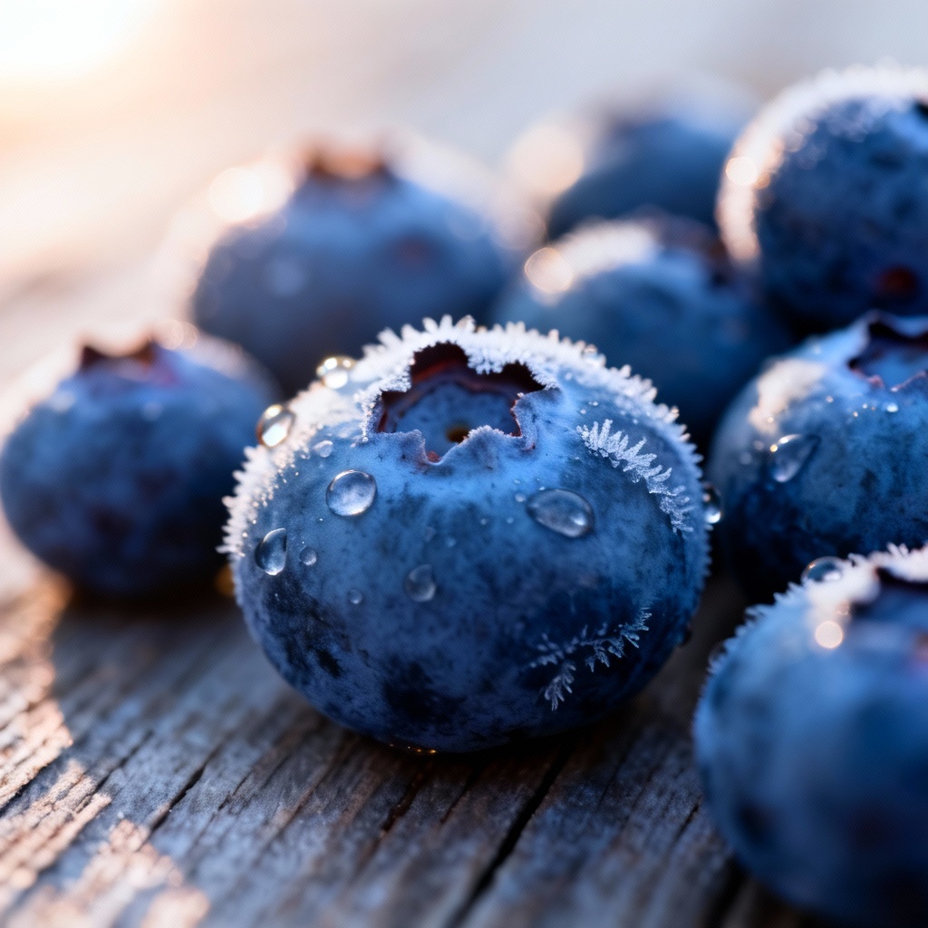 AI macro photo of frosted blueberries with dewdrops