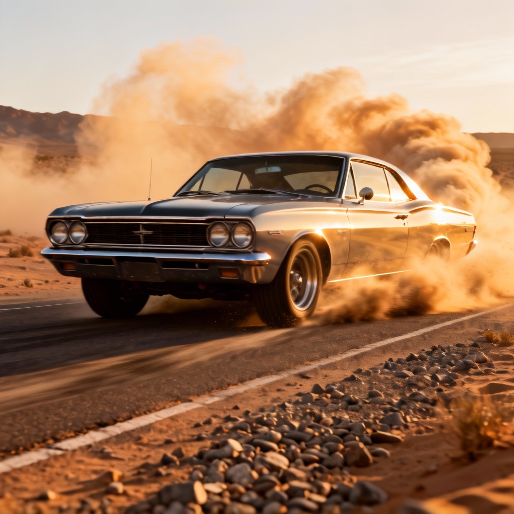AI muscle car burnout at golden hour