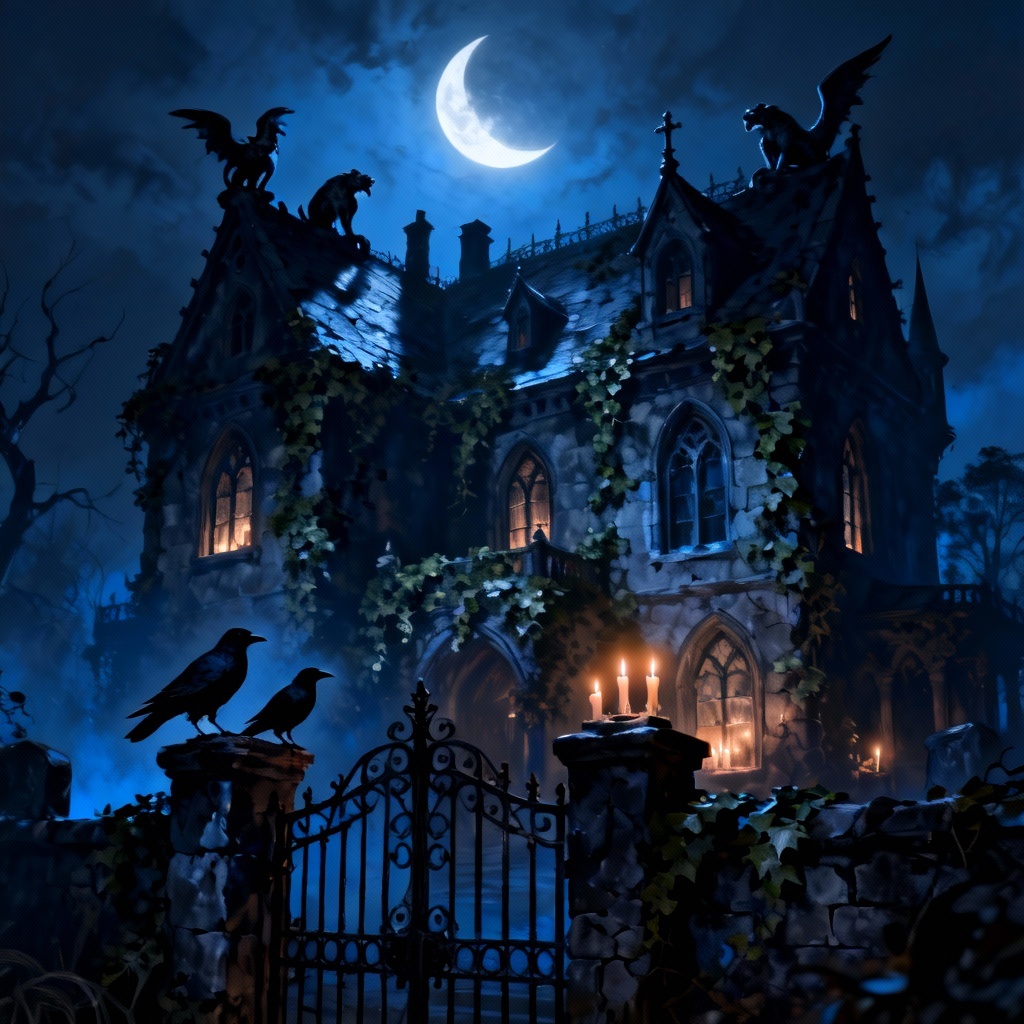 AI image of Gothic manor at night with moonlight