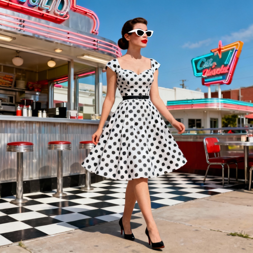 AI 1950s rockabilly A-line dress with polka dots