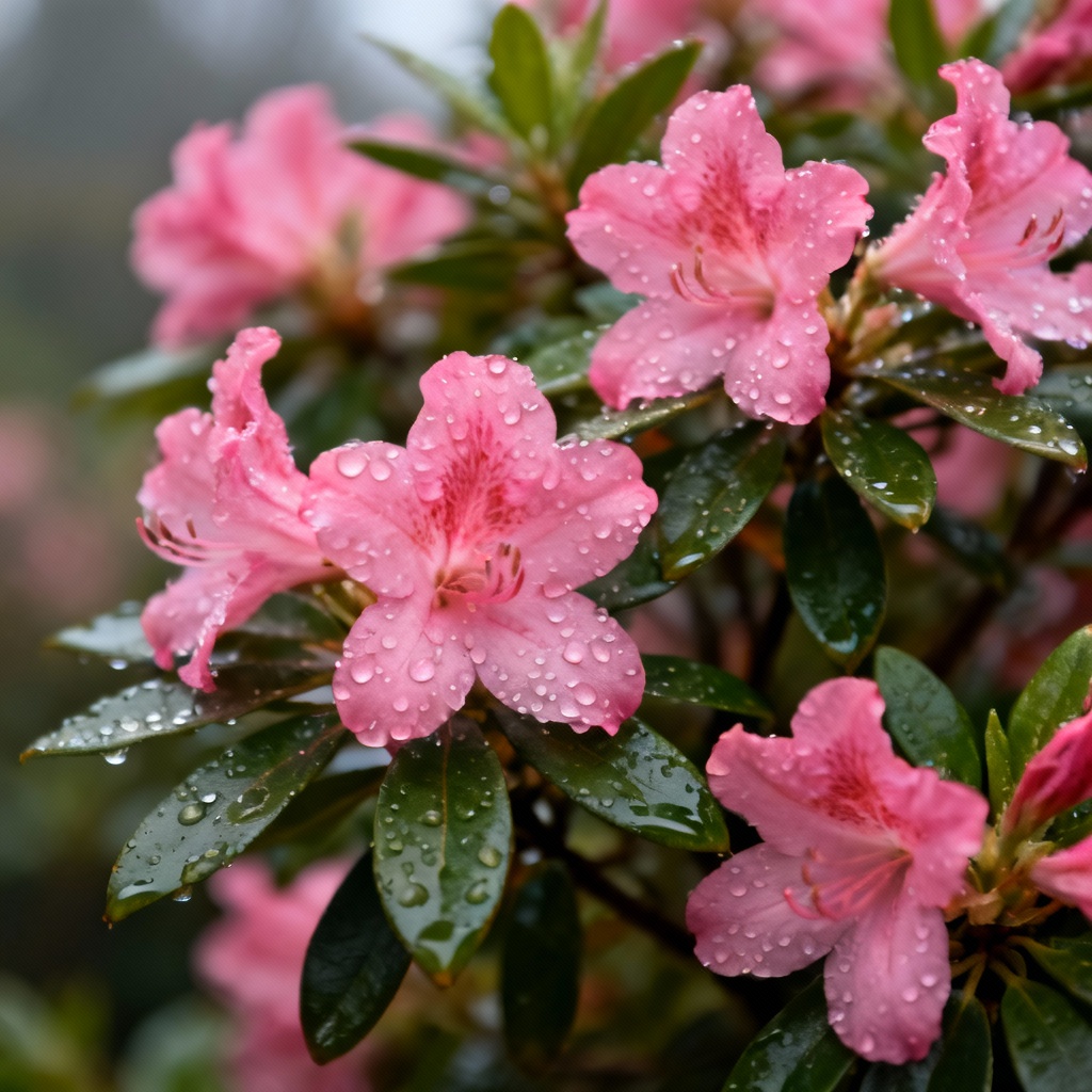 AI rain-kissed azalea bush with vivid blooms