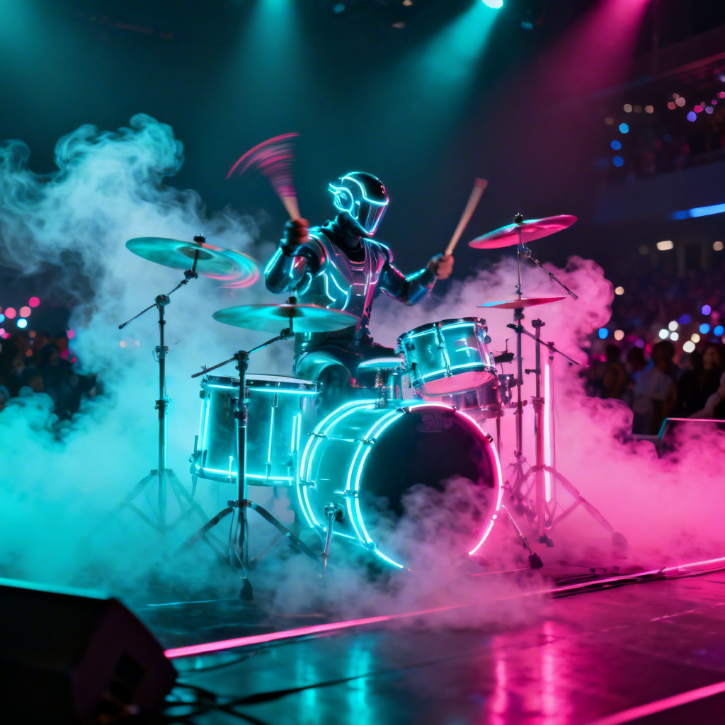 AI neon stage drummer performing with glowing drum kit