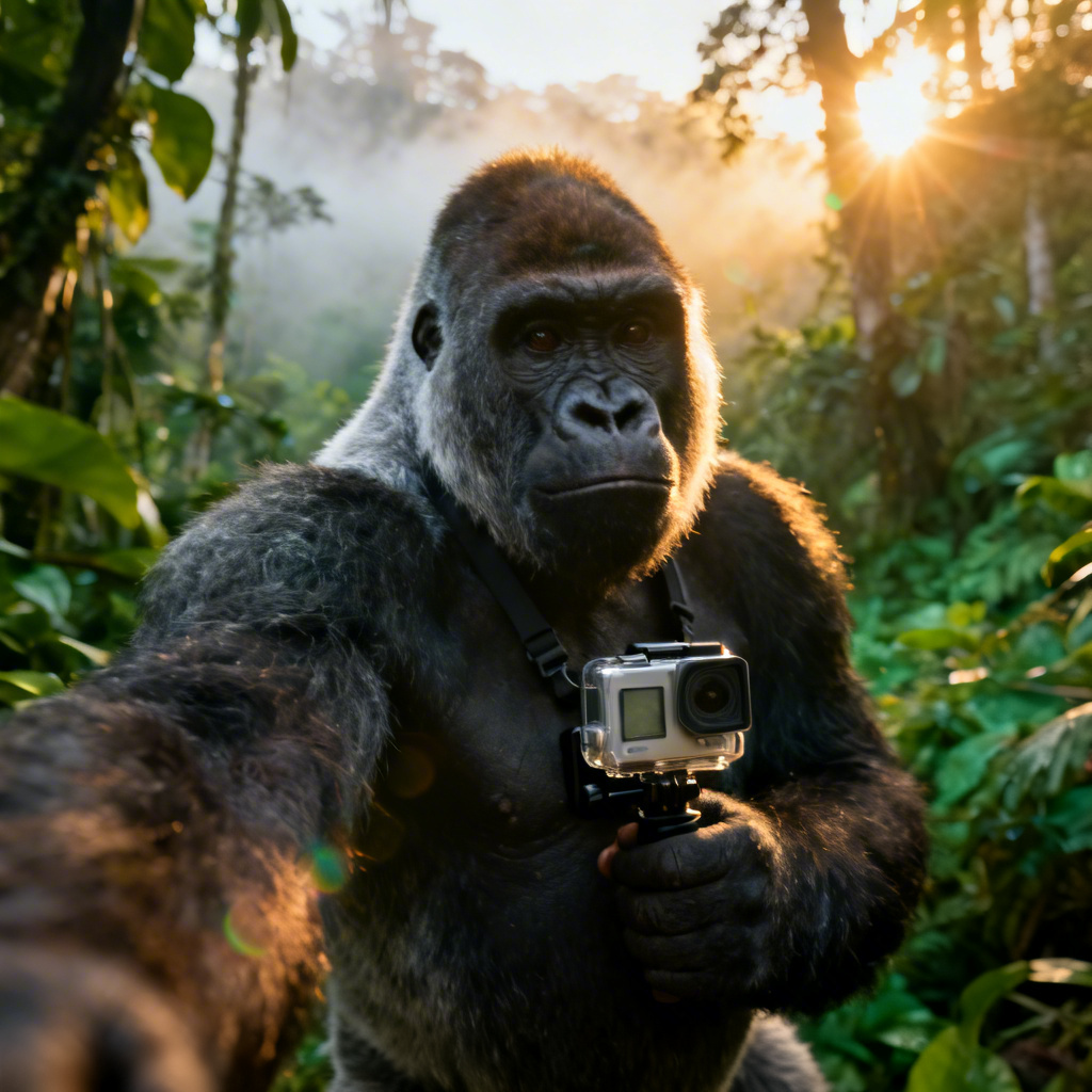 AI gorilla vlogger recording a jungle intro at golden hour