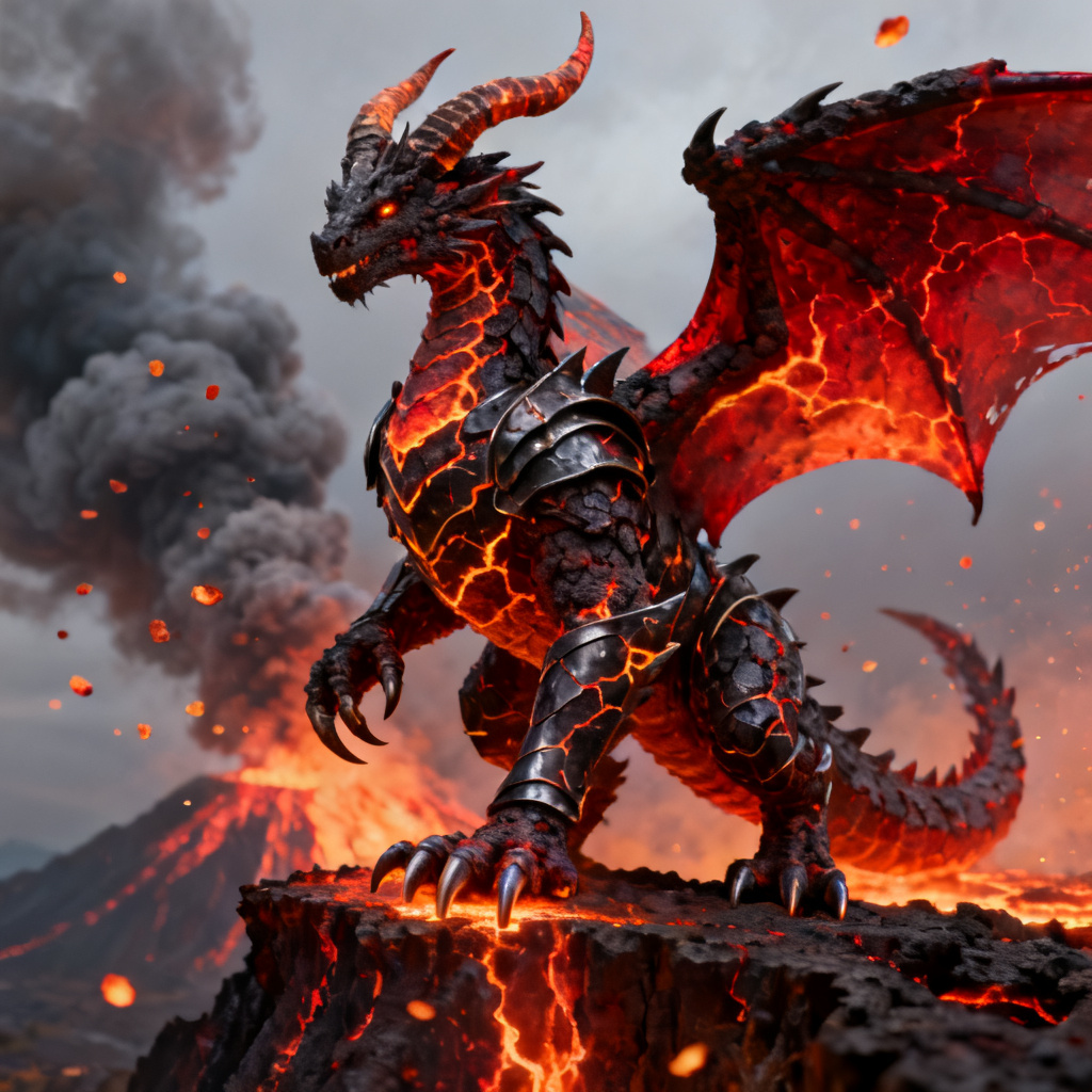 AI dragon OC with obsidian plates and lava veins guarding volcano