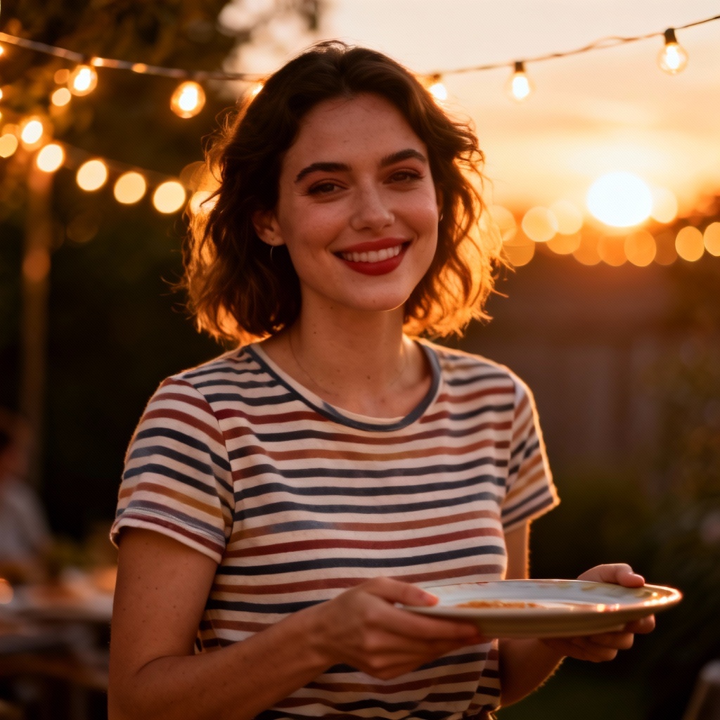 AI friendly neighbor at a backyard barbecue during sunset