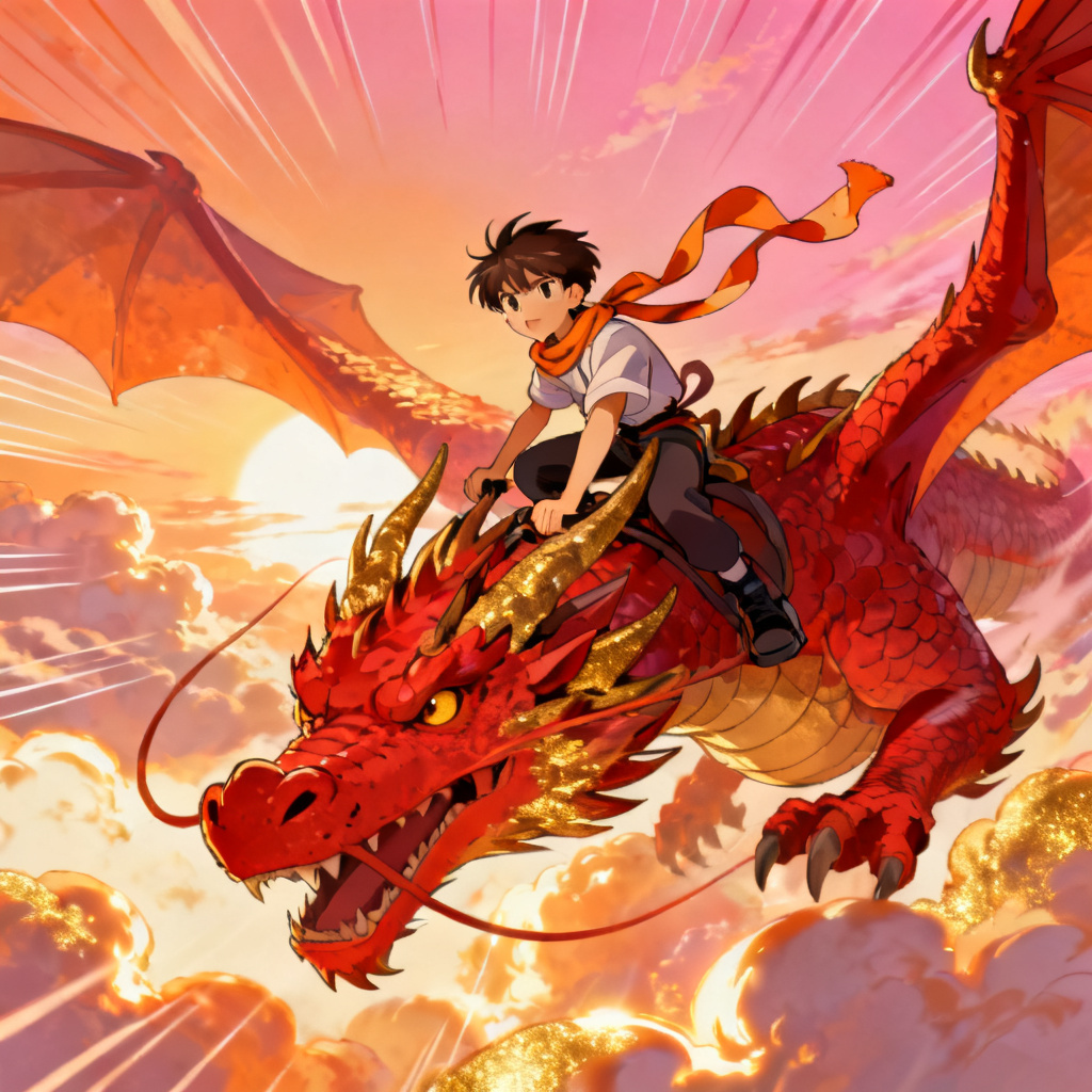 Anime character riding a red dragon in the sky