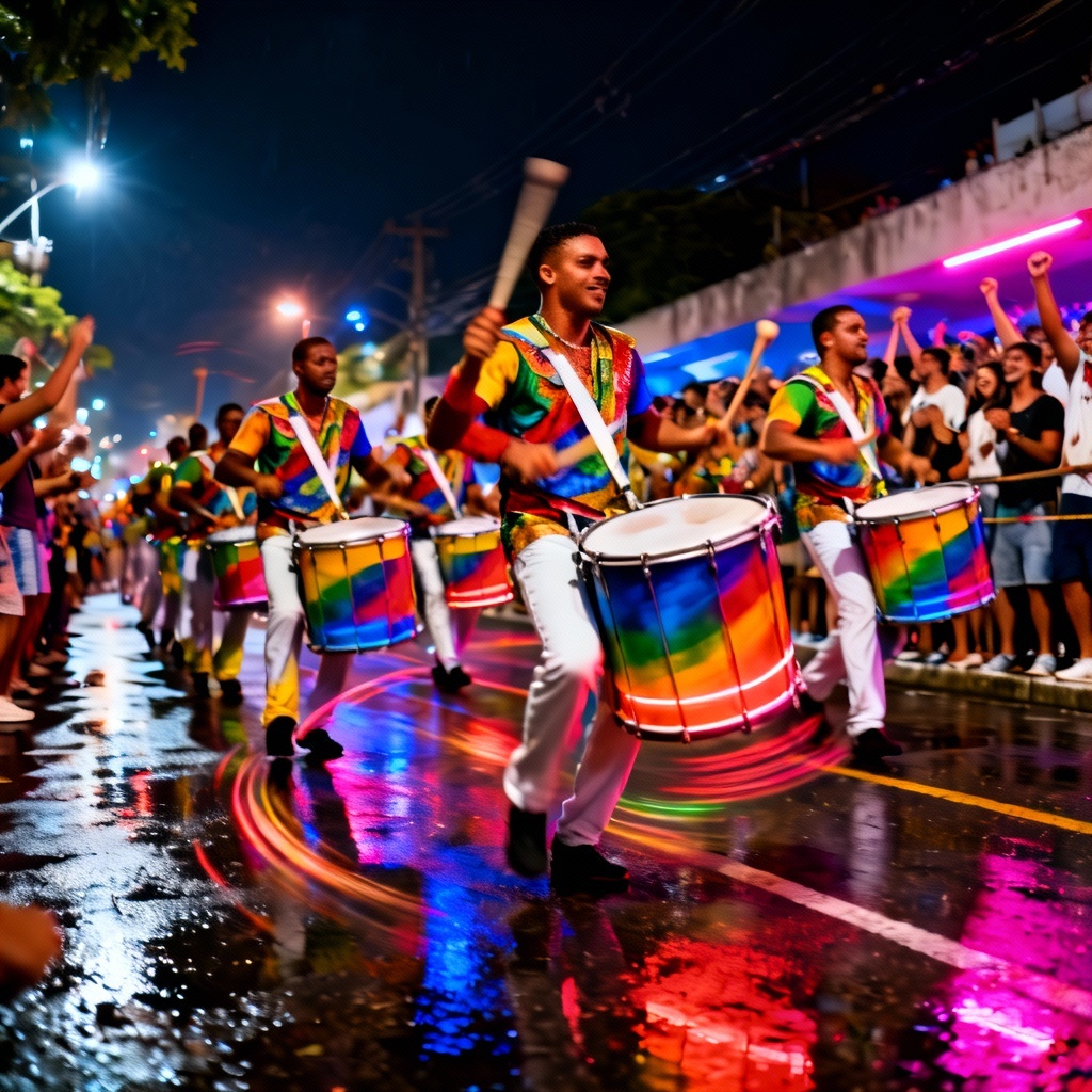 AI batucada drumline on a neon-lit street