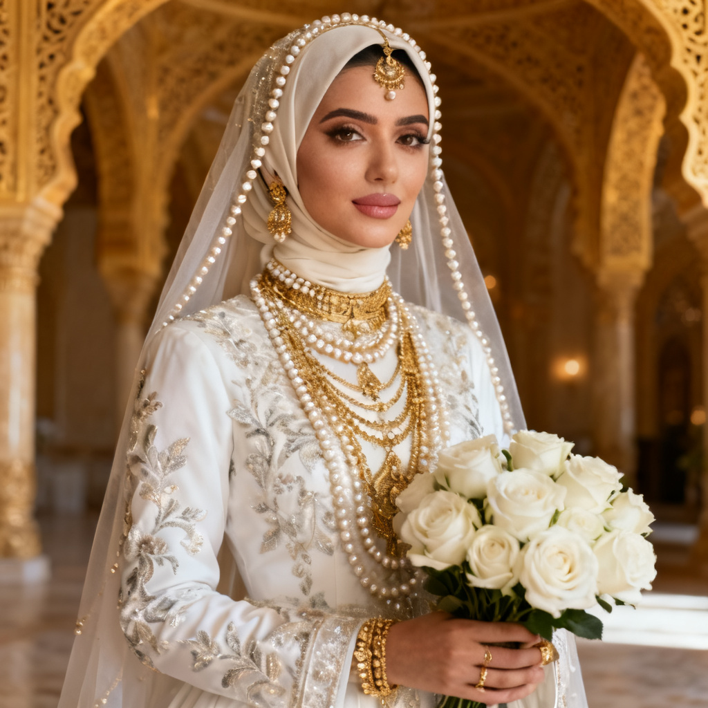AI Arab bride in embroidered gown with gold jewelry and soft veil