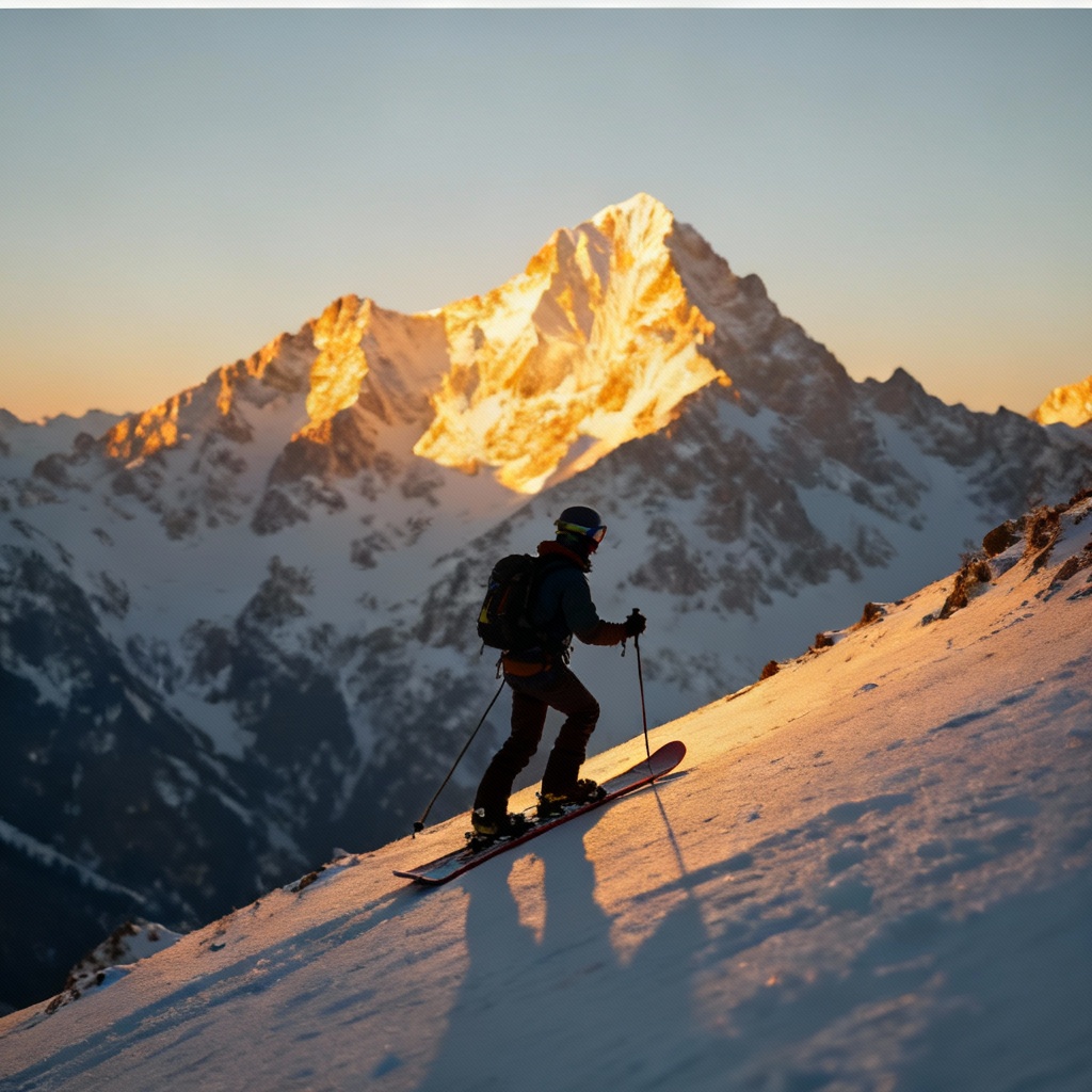 AI snowboarding generator splitboard ascent in alpine sunrise