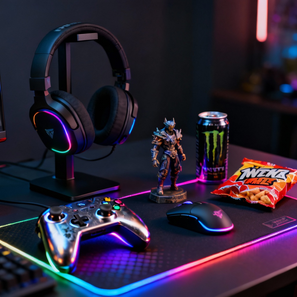 Gamer night bundle with headset, controller, and snacks