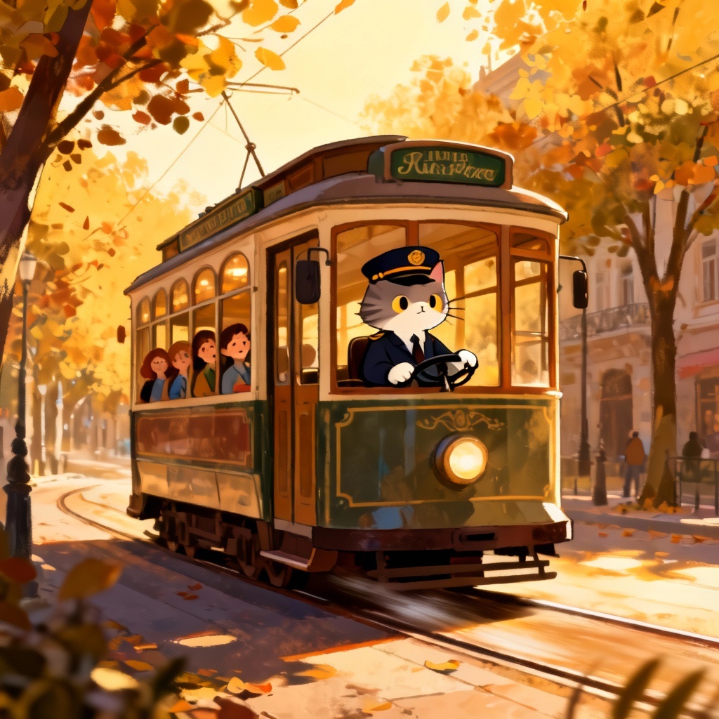 Cat conductor driving a vintage tram in a whimsical animated city
