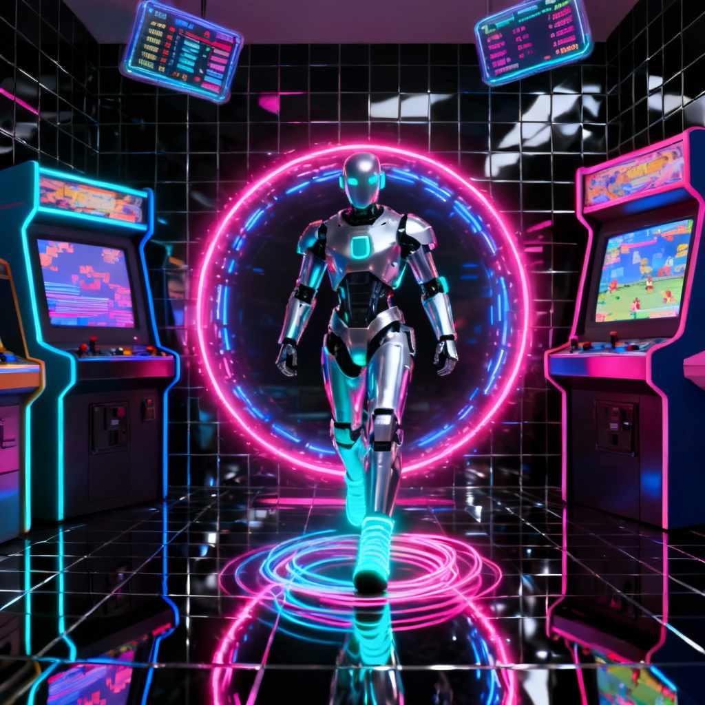 AI retro 1980s arcade time warp with future android