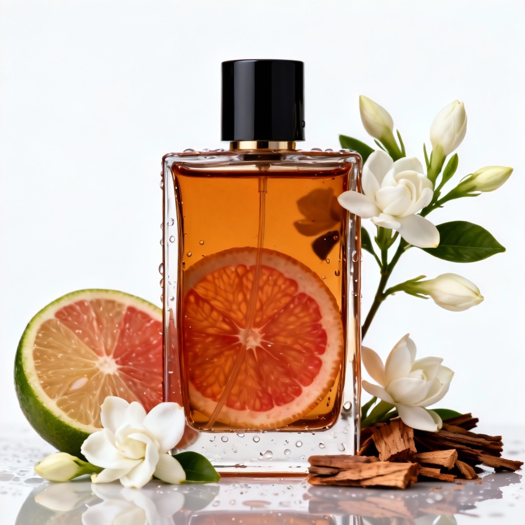 AI luxury amber citrus perfume bottle concept with ingredients