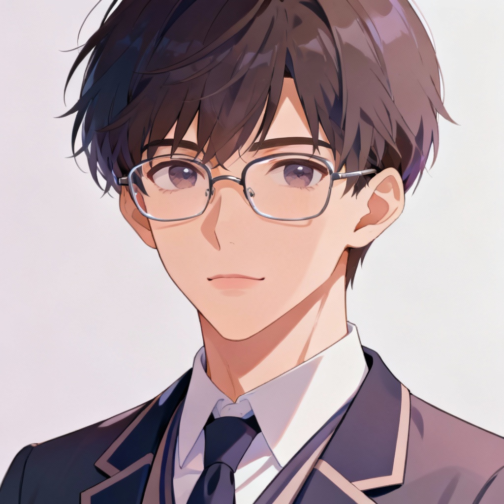 Gentle anime scholar with glasses and soft lighting