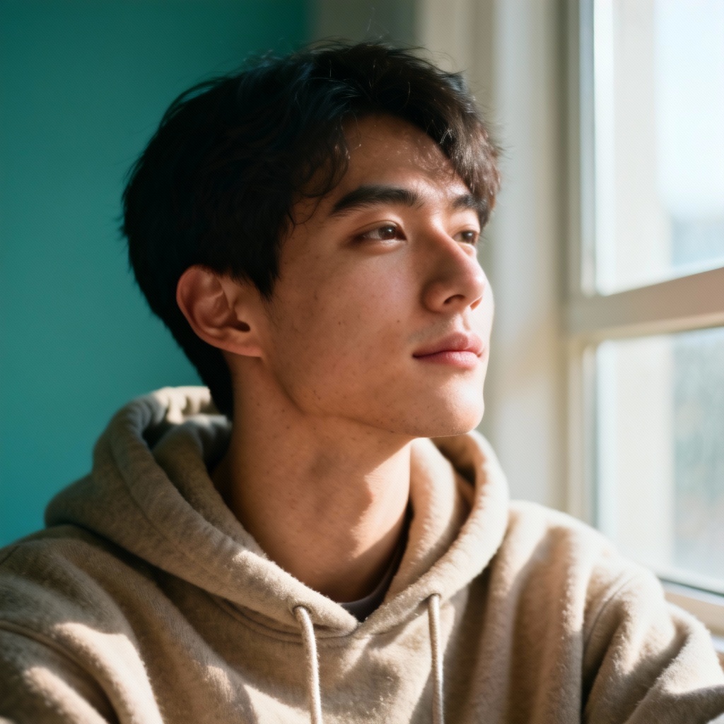 AI chill guy portrait with cozy hoodie and soft lofi lighting