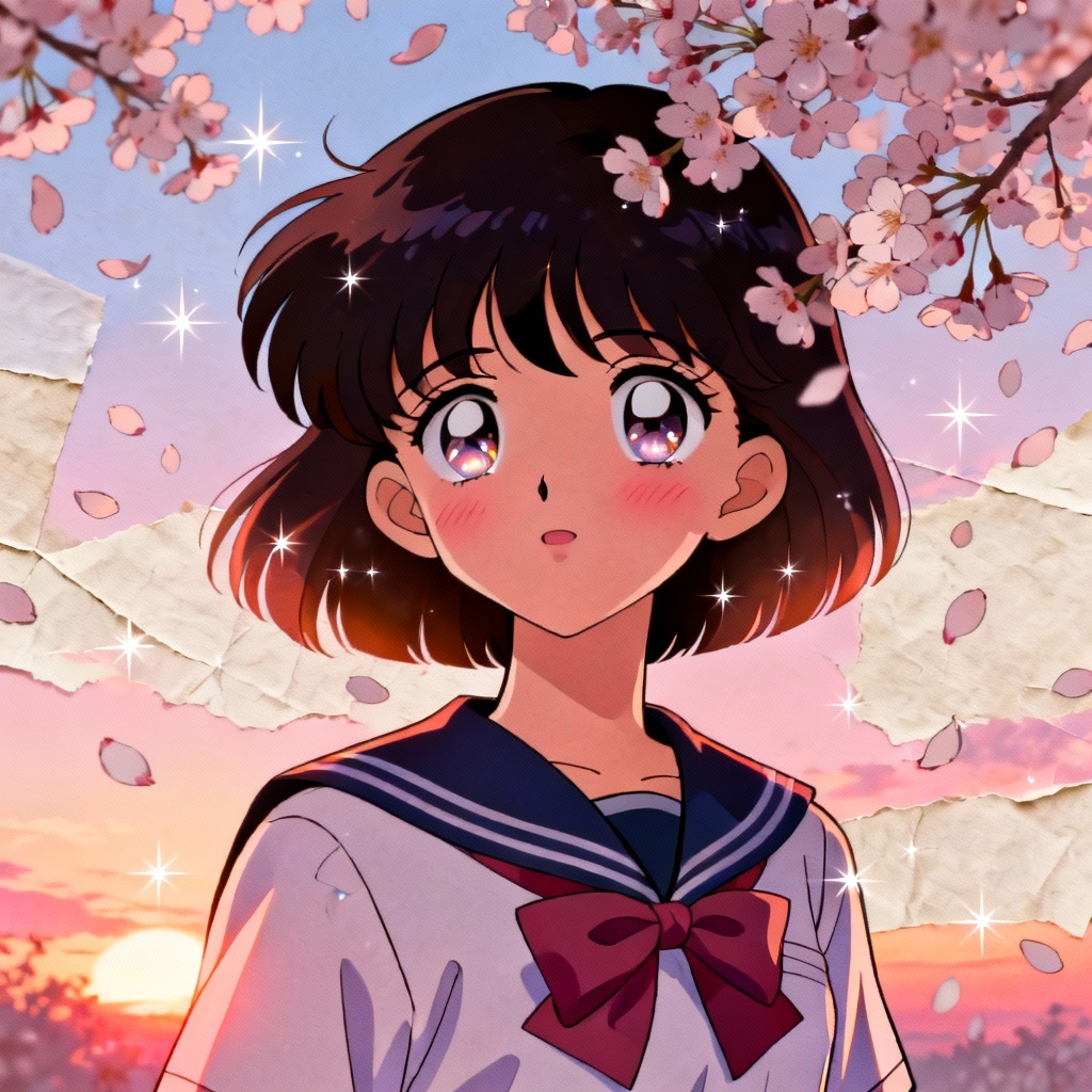 AI 90s shojo schoolgirl with sparkling eyes