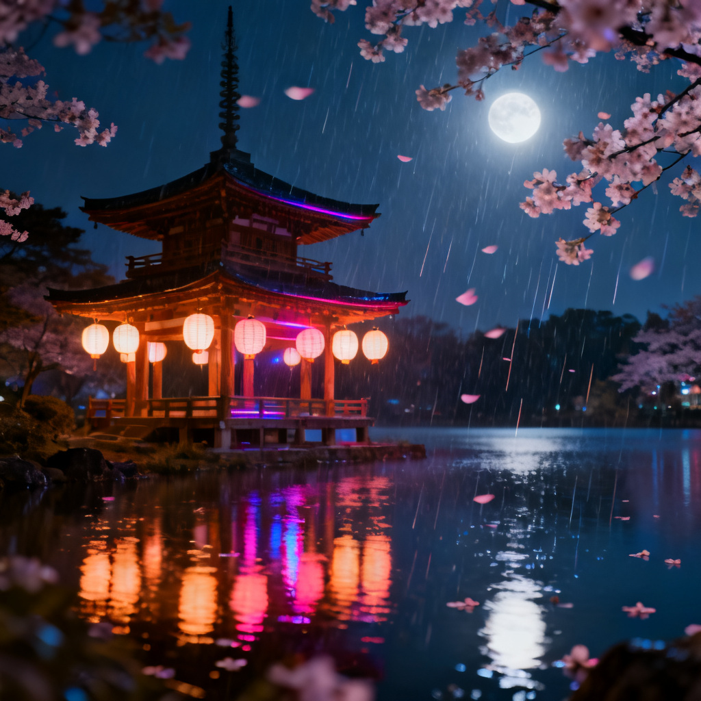 AI night pagoda with lanterns and lake reflections