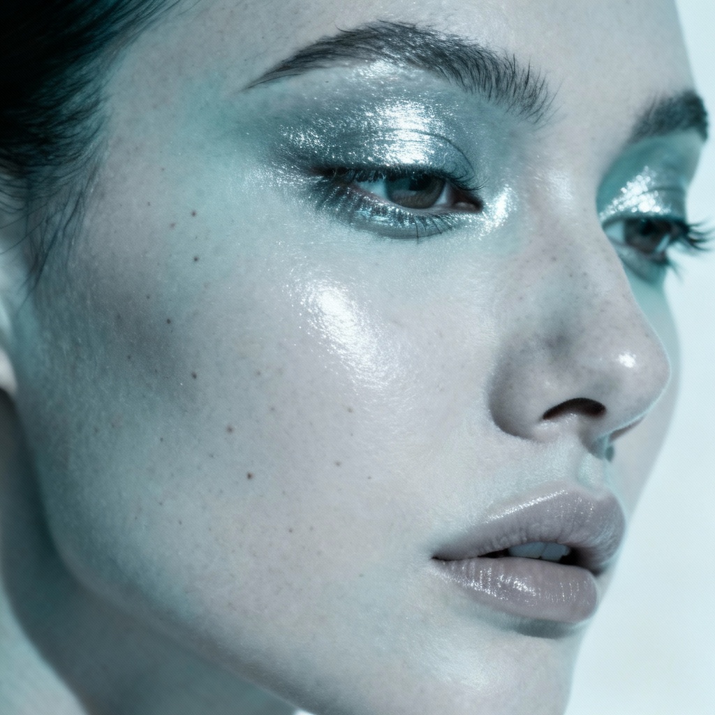 AI beauty close-up with slate blue skin glaze and metallic makeup