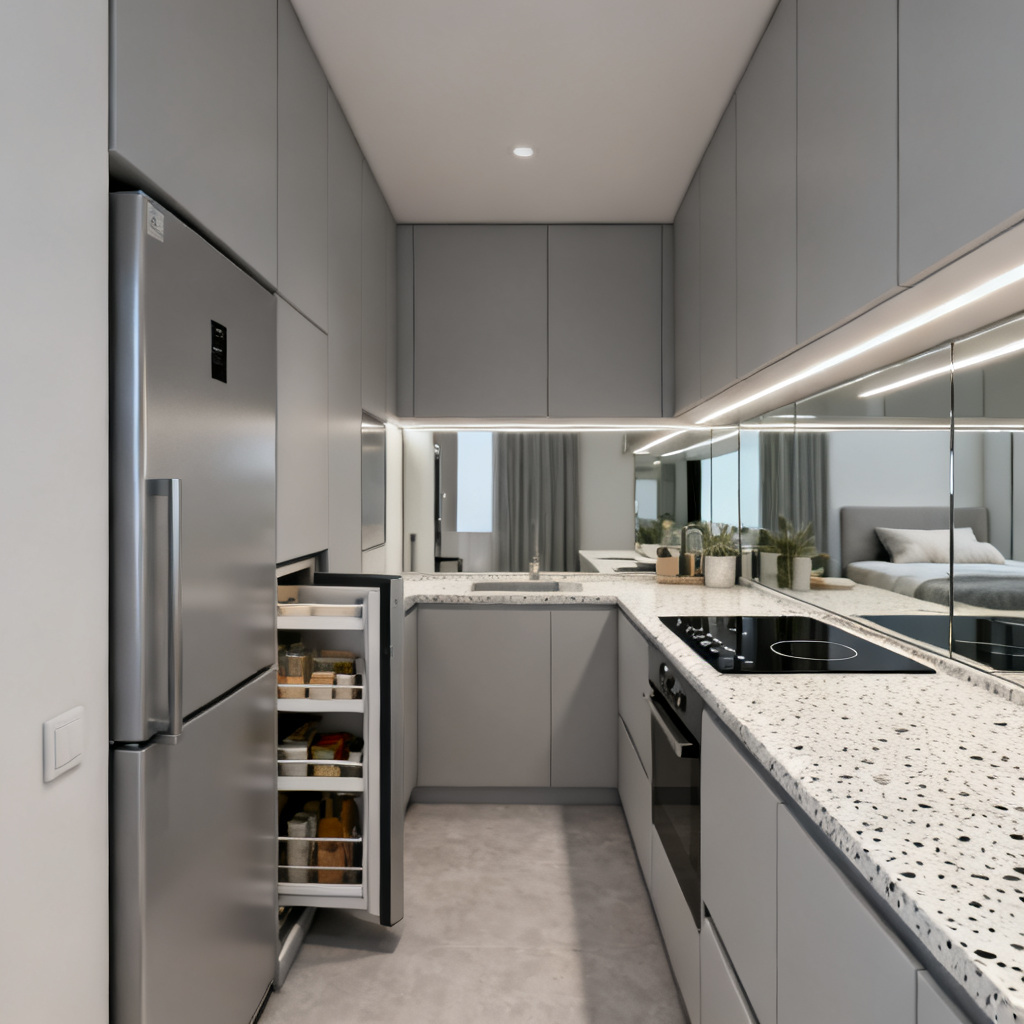 AI compact studio kitchenette with smart storage