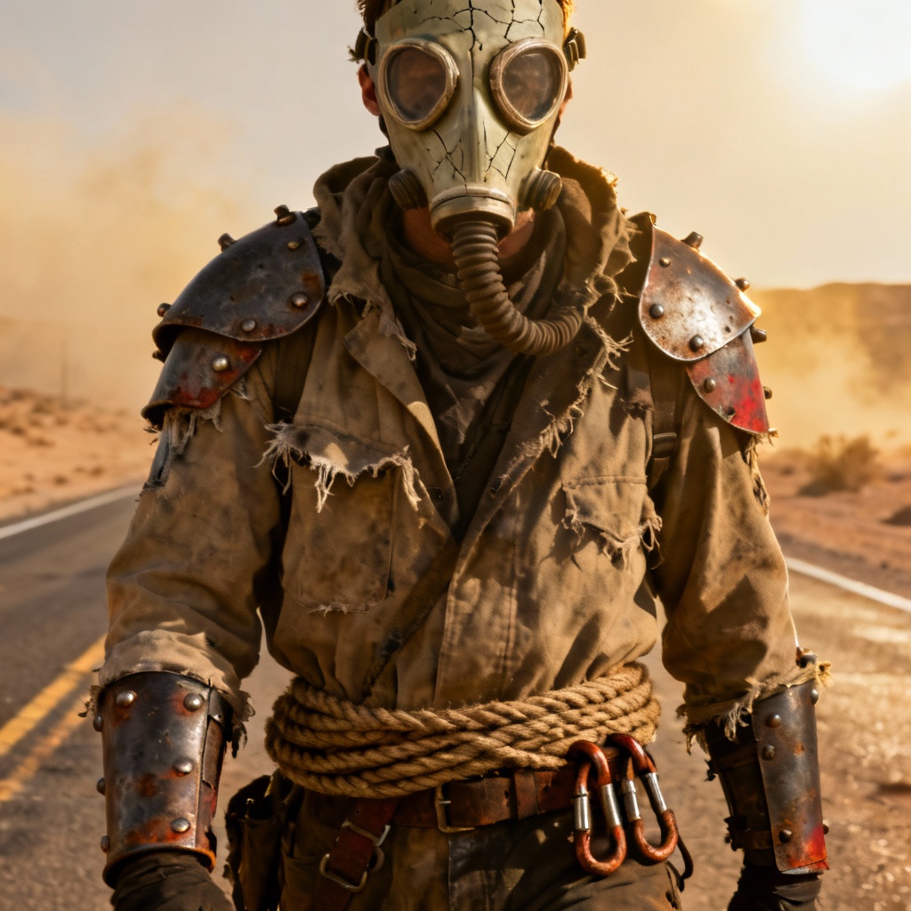 AI post apocalyptic battle outfit with scavenged armor