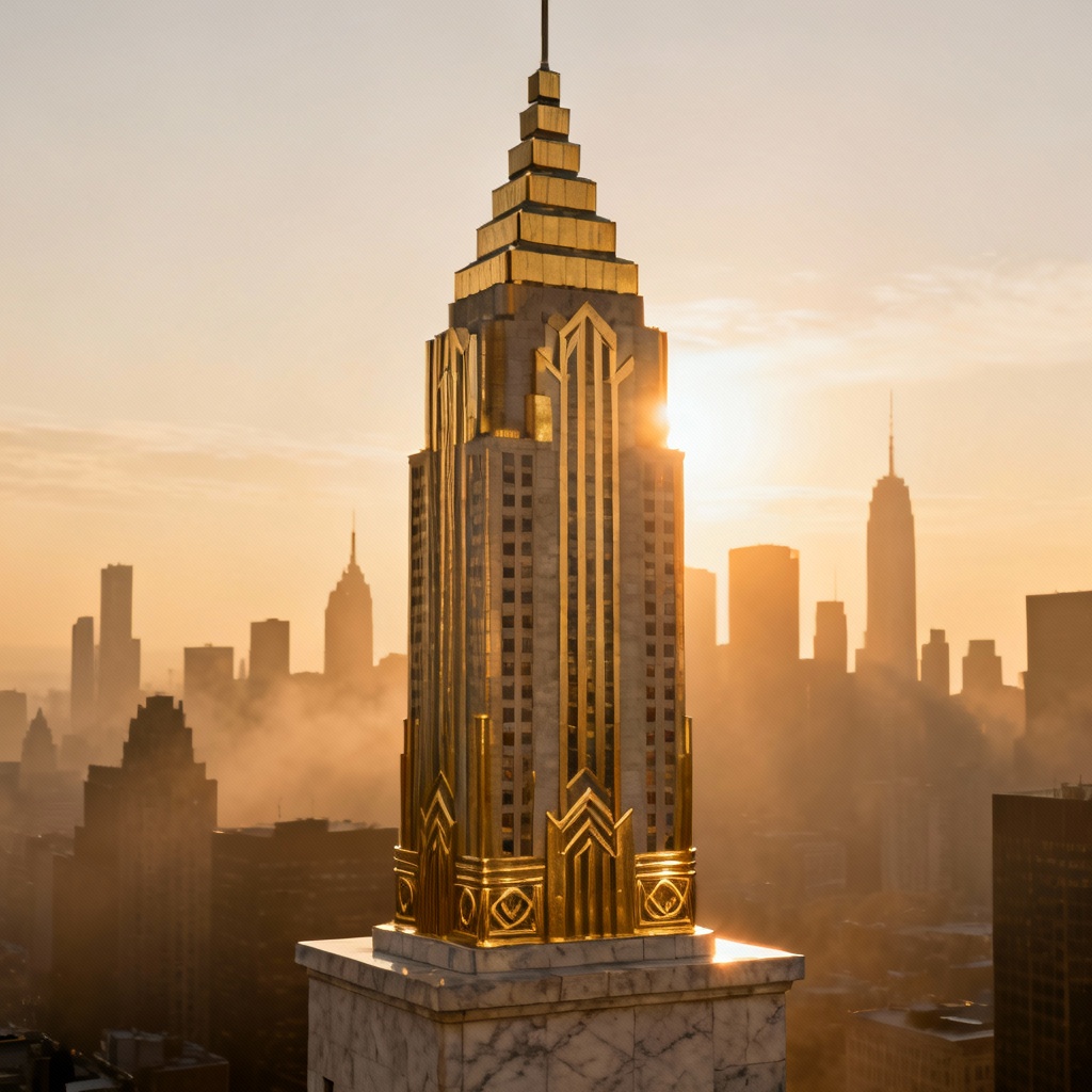 AI art deco tower spire at sunrise
