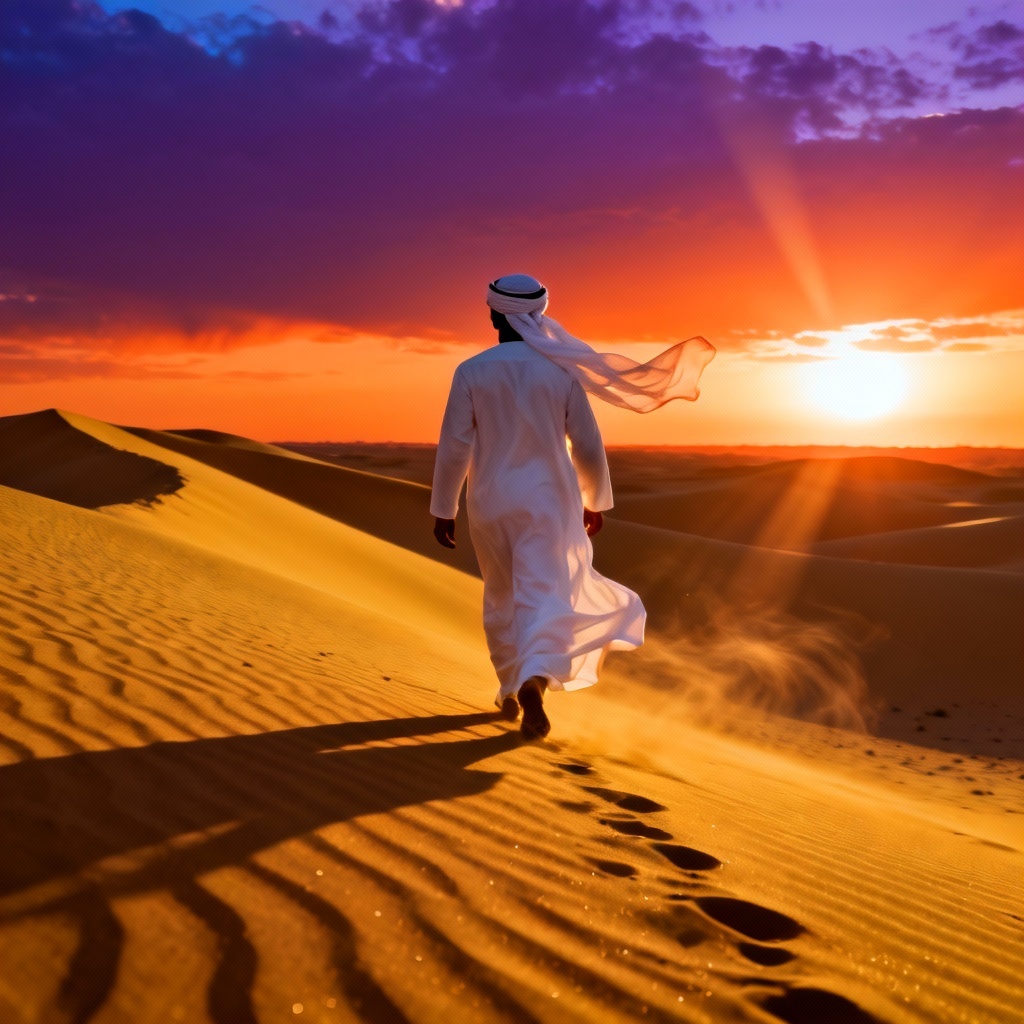 AI desert kandura editorial photo at sunset