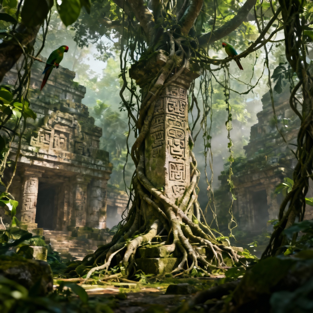 AI jungle temple ruins covered in vines and roots