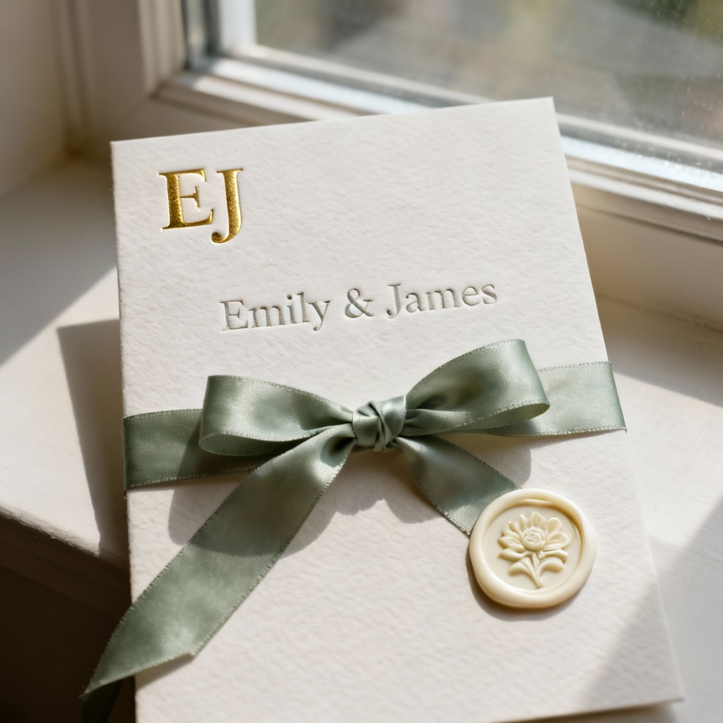 AI minimalist wedding invite design flat lay