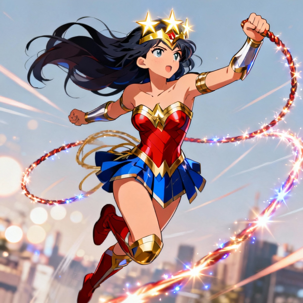 AI anime Wonder Women dynamic battle pose