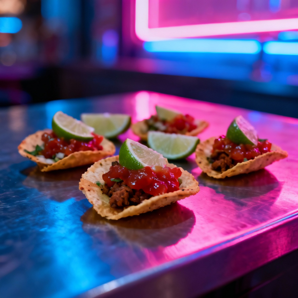 Street taco snack bites on neon backdrop