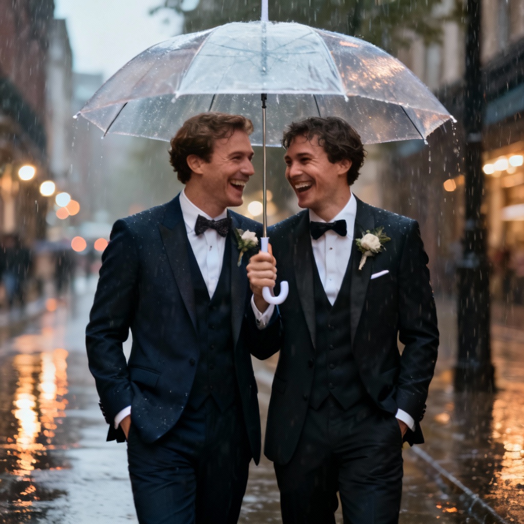 AI candid rainy-day wedding portrait with two grooms