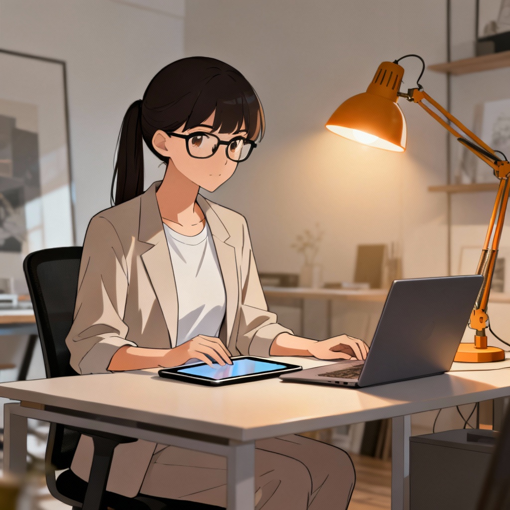 Chic office casual anime girlfriend with laptop