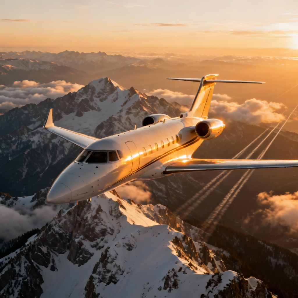 AI aerial private jet flying over snowy mountains at sunset