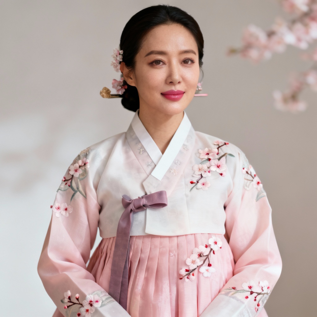 AI portrait in elegant Korean hanbok with spring tones