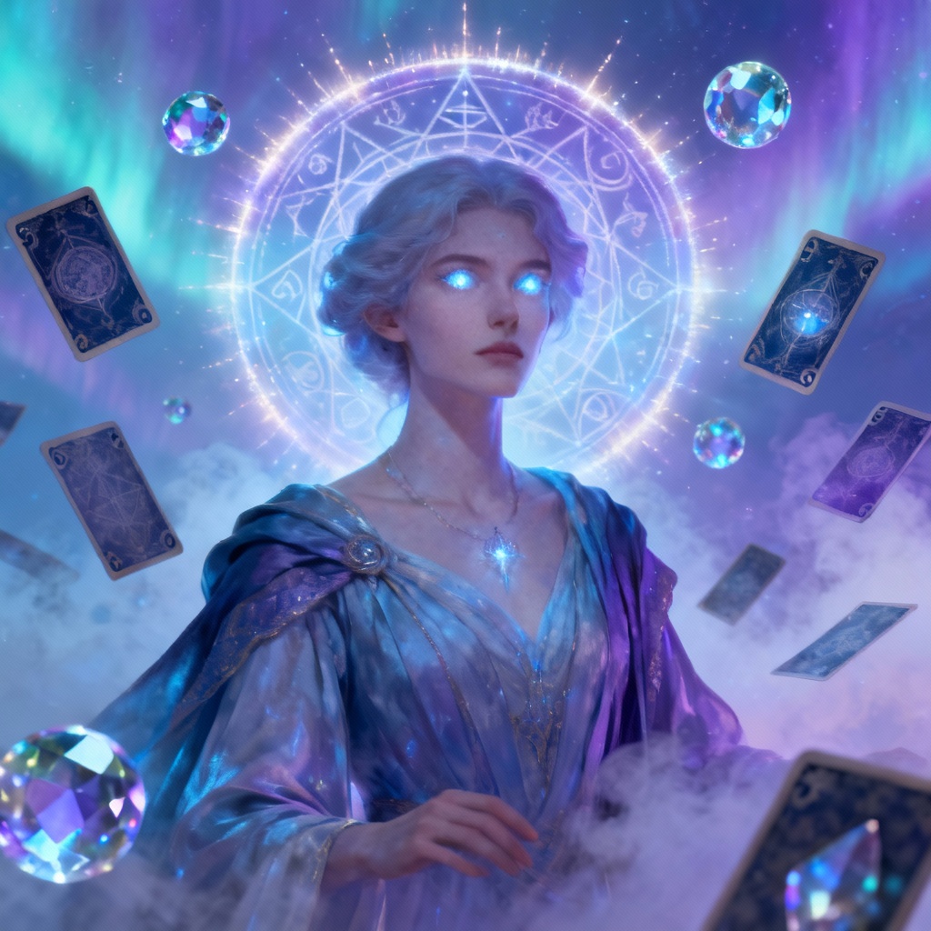 Mystical oracle with floating tarot and astral aura