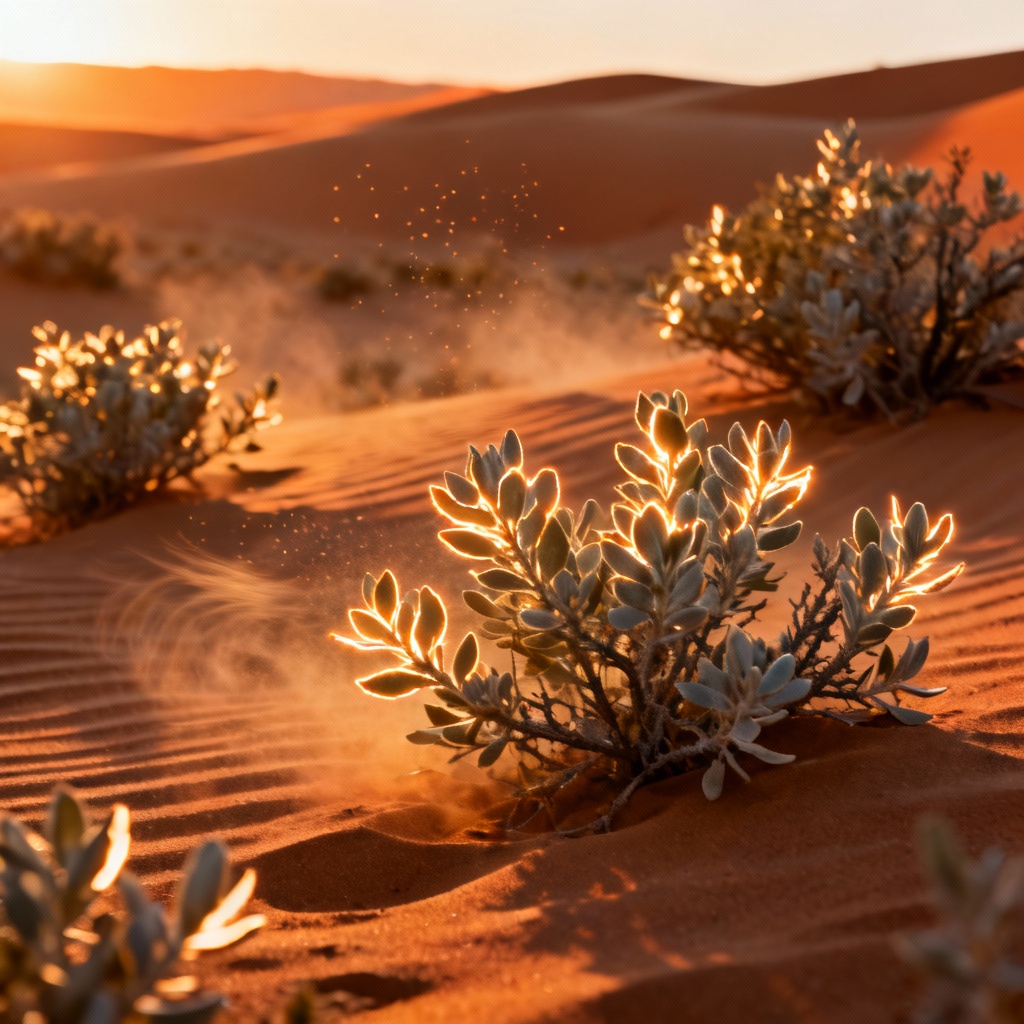 AI photorealistic sagebrush bushes at sunset in a desert